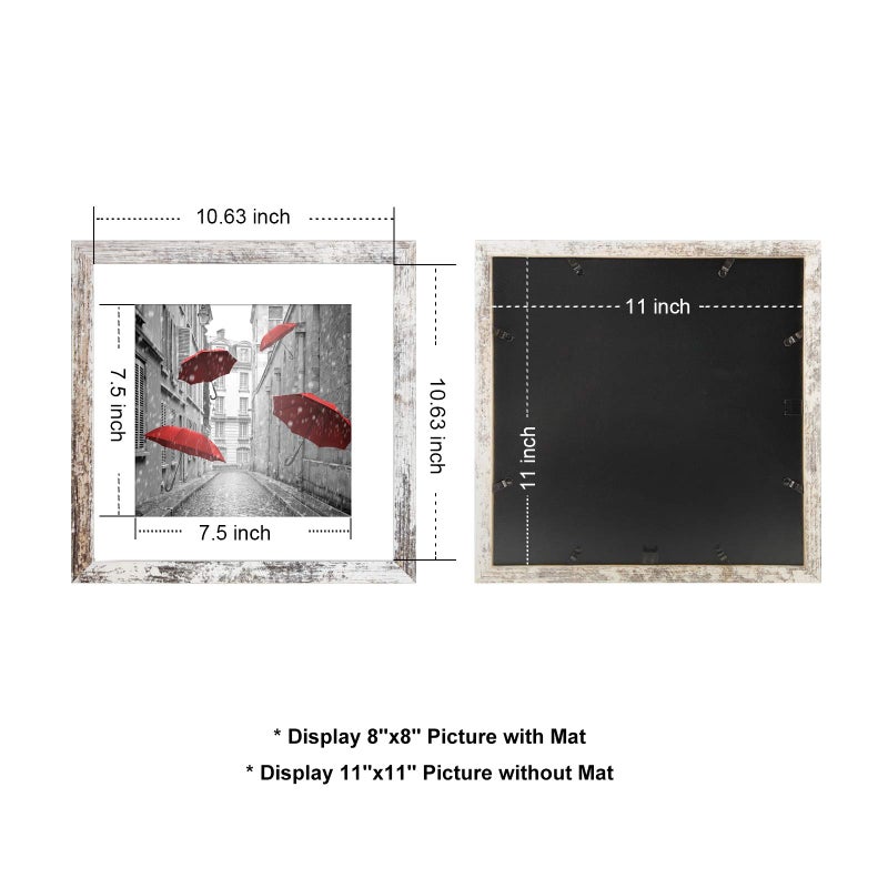 Finefrarm 11x11 Picture Frame, Display Pictures 8x8 with Mat or 11x11 without Mat Rustic Style Square Photo Frames for Wall Mounting - Image 2